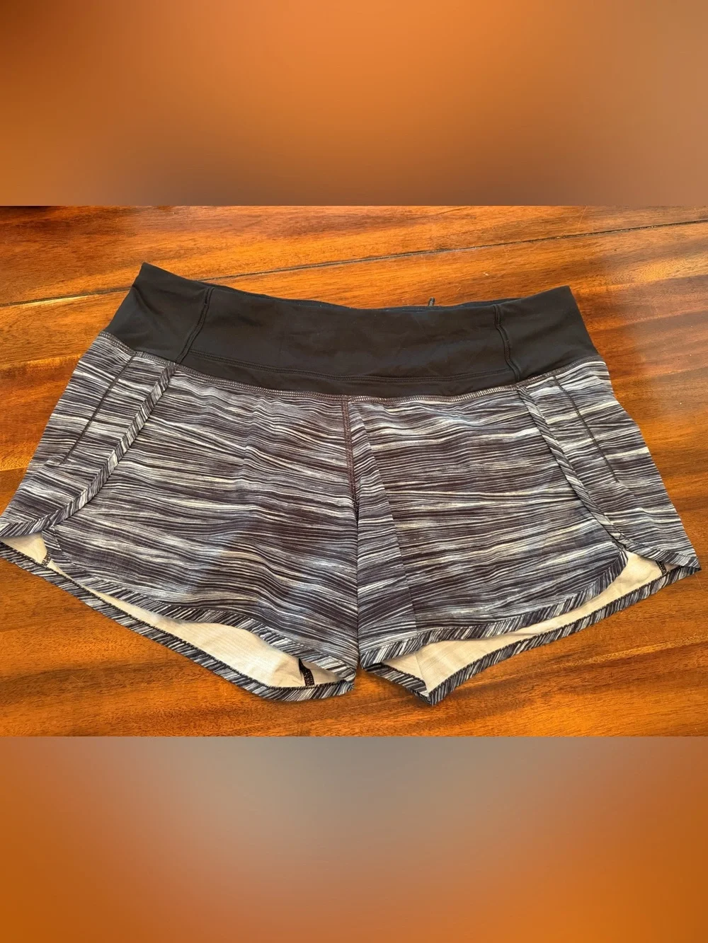 Women’s Gray Striped Active Shorts with Black Waistband
